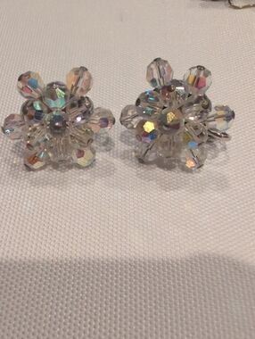Jewelcraft Vintage Crystal Bead Flower Clip-On Earrings Clear Aurora Borealis